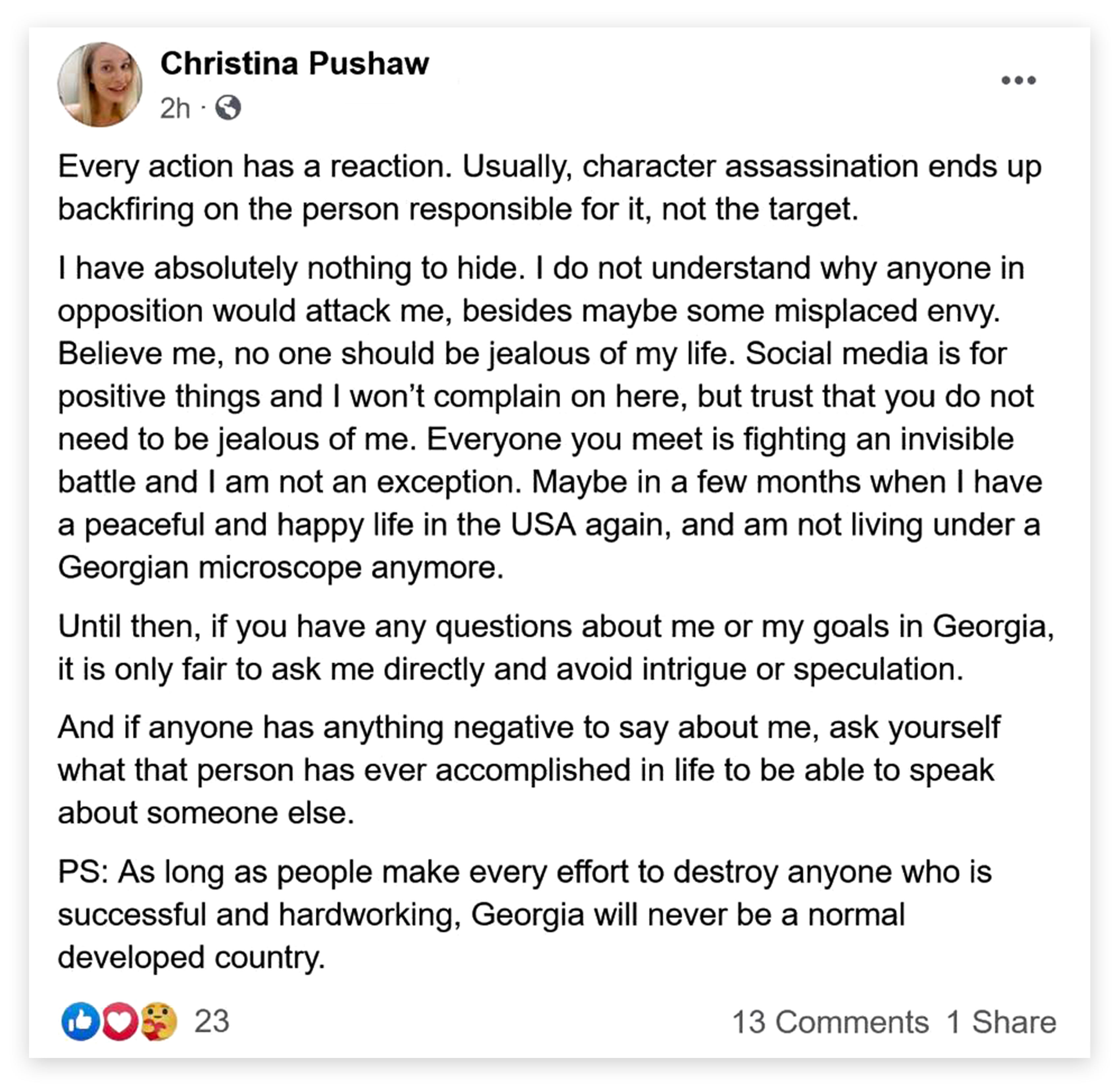 Politico-published screenshot of older Facebook post attributed to Pushaw about living under scrutiny in Georgia