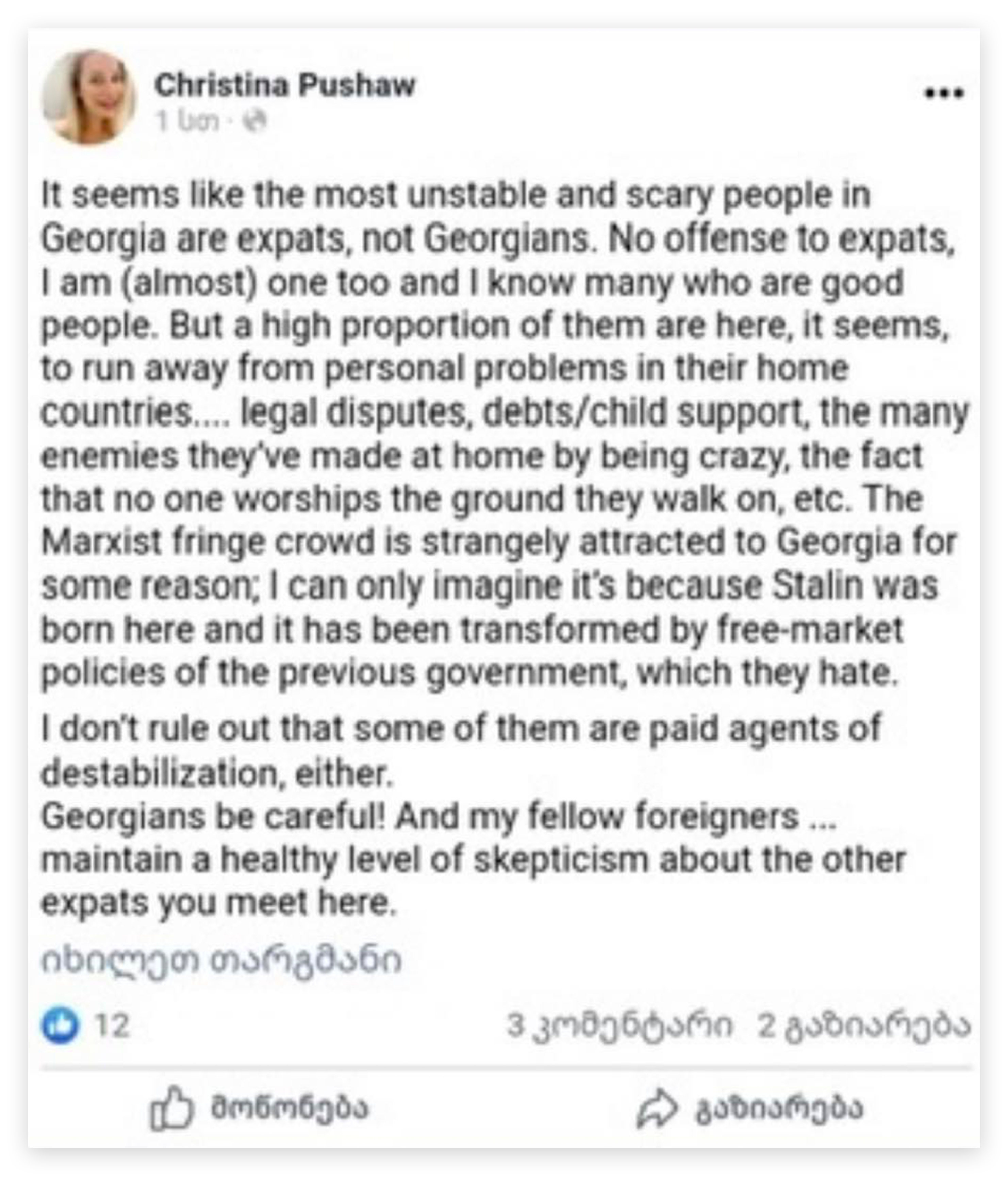 Politico-published screenshot of older Facebook post attributed to Pushaw discussing Georgia and expats